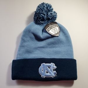 NORTH CAROLINA UNC TAR HEELS ADULT KNIT HAT CAP WITH 2 LOGOS ON CUFF, POM ON TOP
